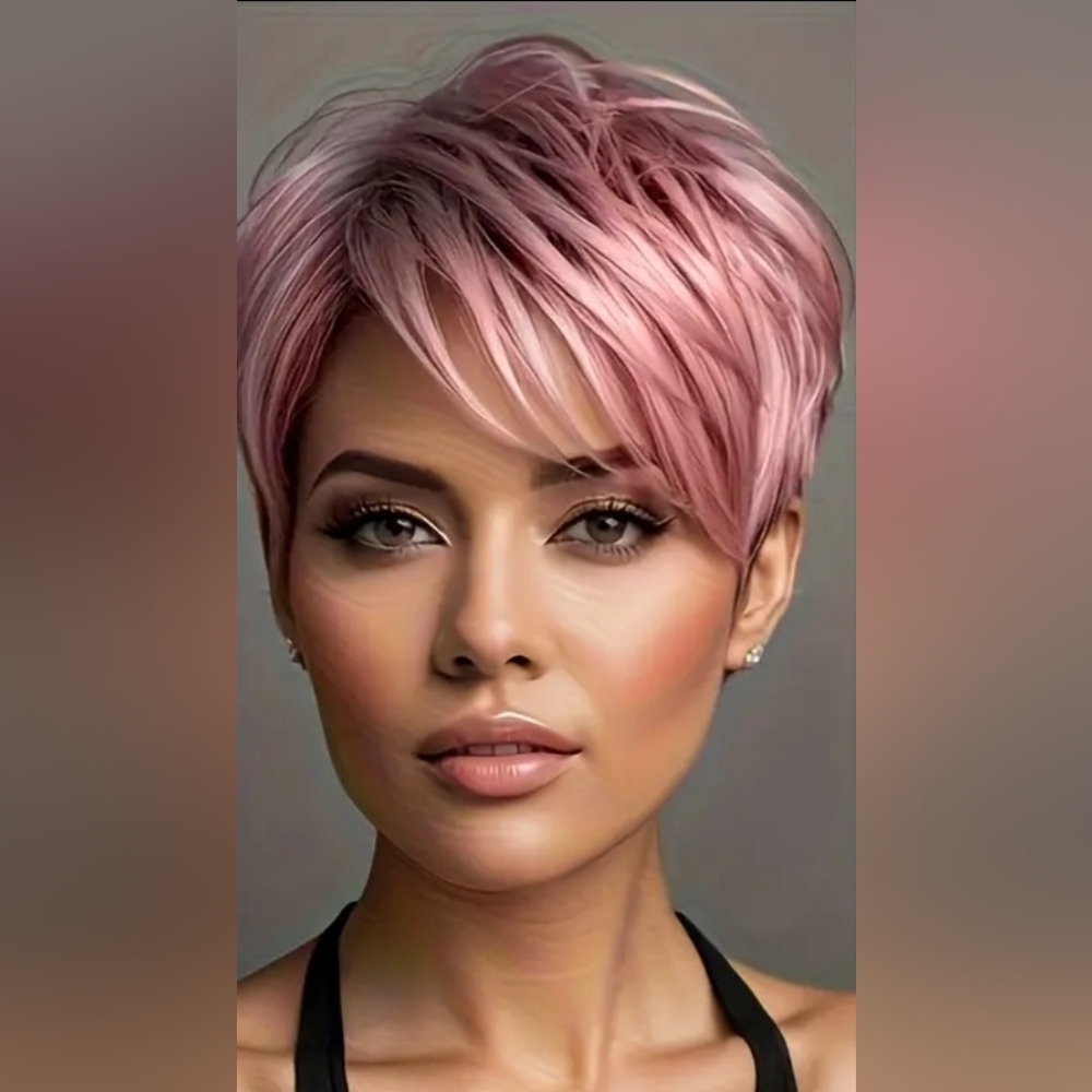 Pink Gradient Dark Roots Short Synthetic Hair Wig for Women